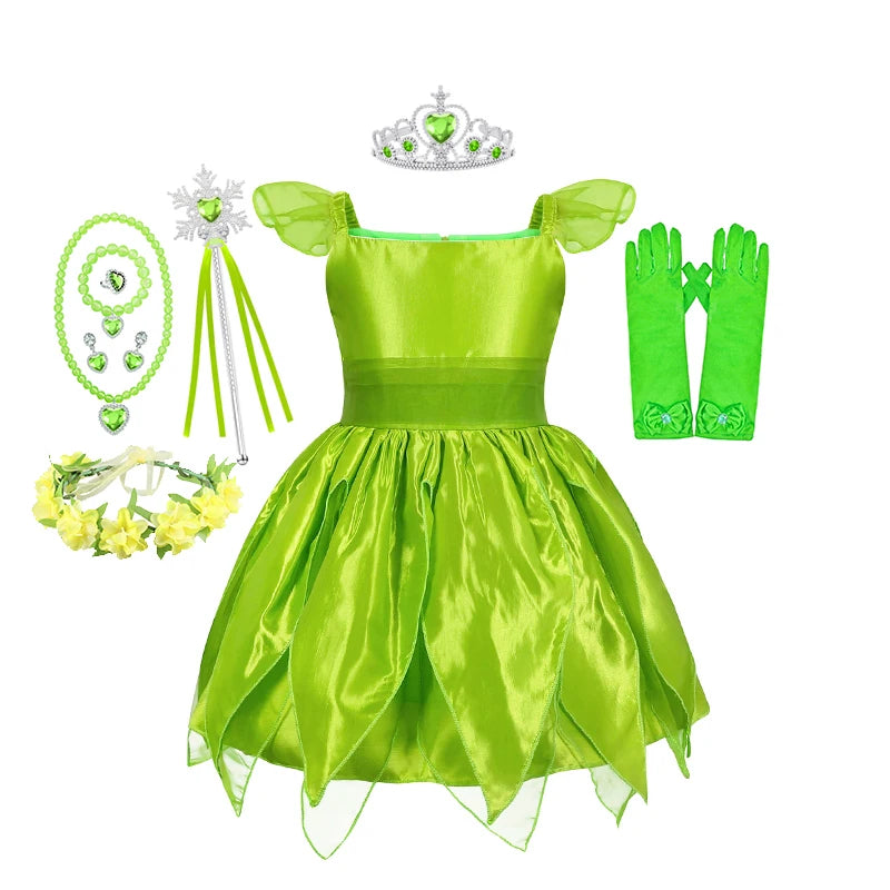 Tinkerbell Fairy Princess Dress — Green Elf Costume with Wings for Girls