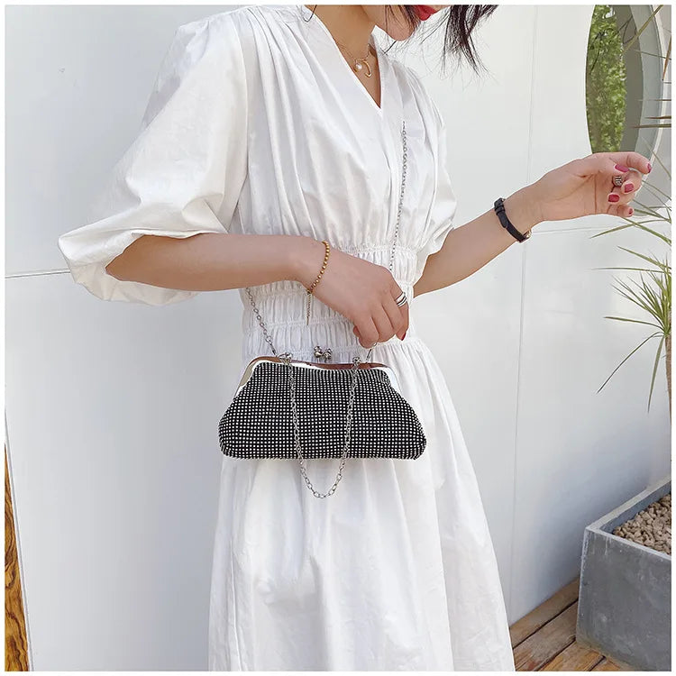 Golden Metal Bow Evening Clutch Bag – Shiny Bridal Chain Shoulder Bag for Wedding & Party
