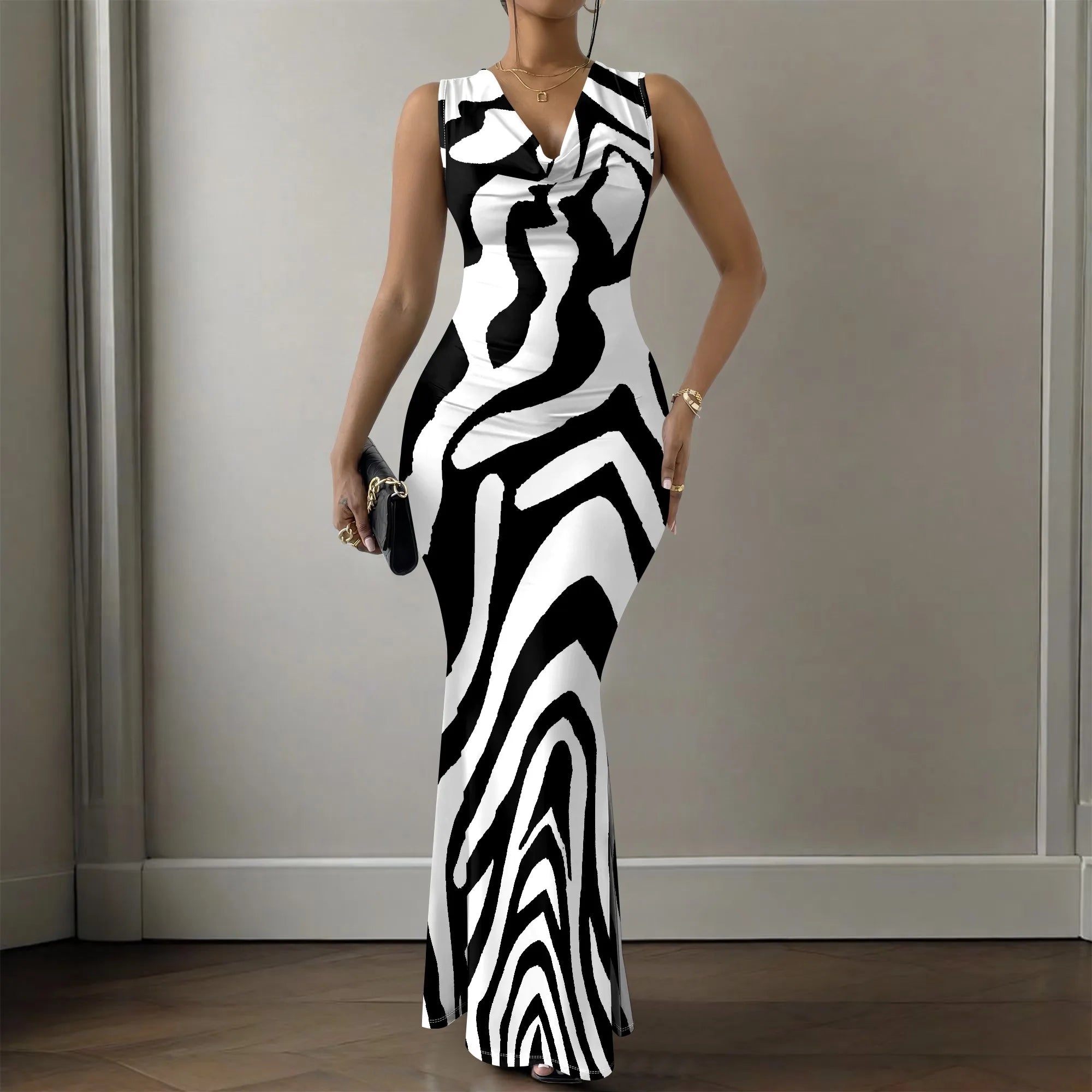 Colorful Geometric Off-Shoulder Maxi Dress — Artistic Party Evening Resortwear Dress