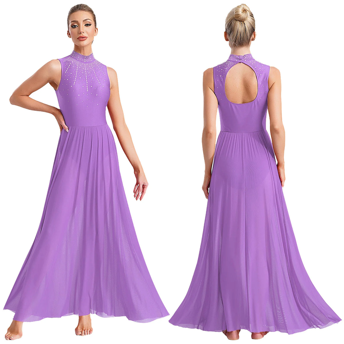 Rhinestone Maxi Sleeveless Contemporary Dance Dress — Mock Neck Wide Hemline Lyrical Leotard