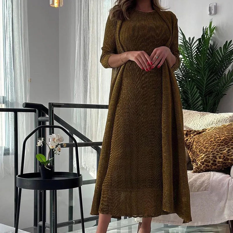 Metallic Pleated Two-Piece Long Dress Set — Casual Loose Ankle-Length Fashion Outfit