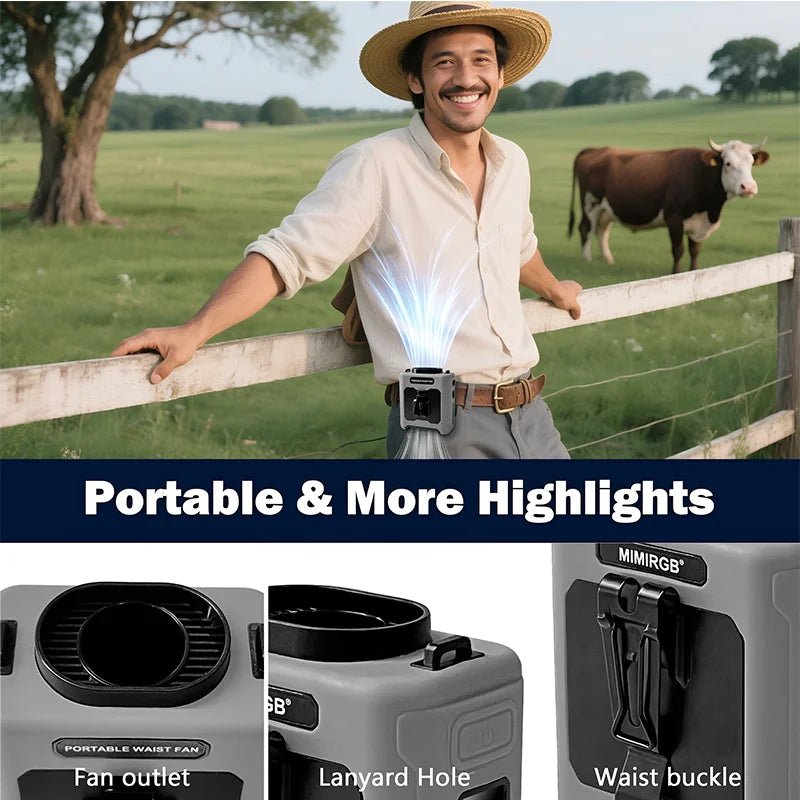 20000mAh Hands-Free Waist Fan – 5-in-1 with Power Bank, Flashlight & 5 Speeds for Outdoor Use