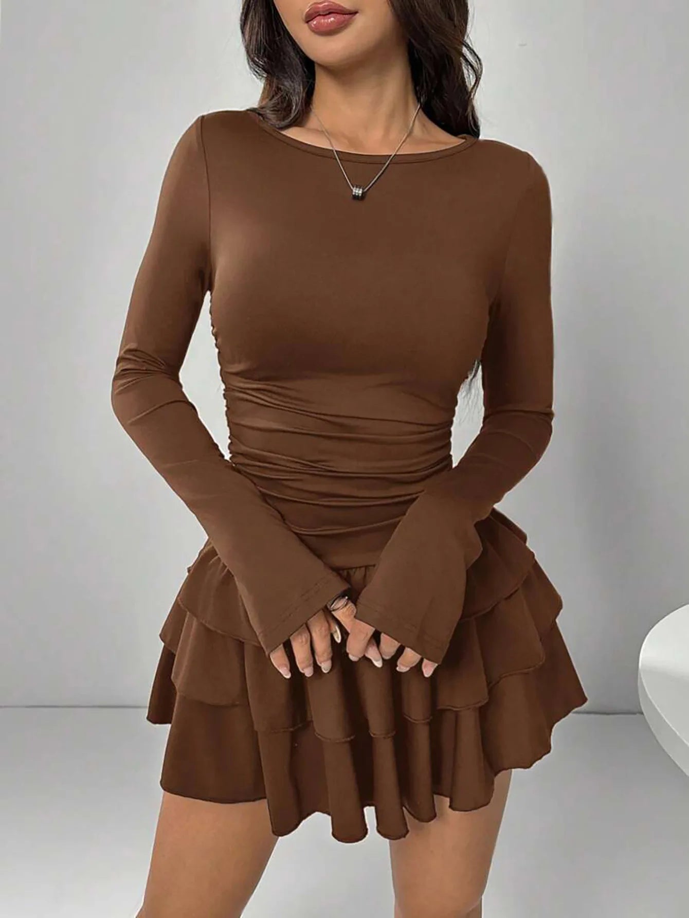 Cascading Ruffle Flare Sleeve Mini Dress — High Waist Slim Bodycon Party Dress