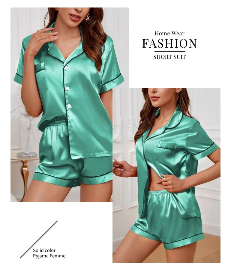 Women's Satin Button Down Pajama Set | 2-Piece Silk Sleepwear Top & Shorts
