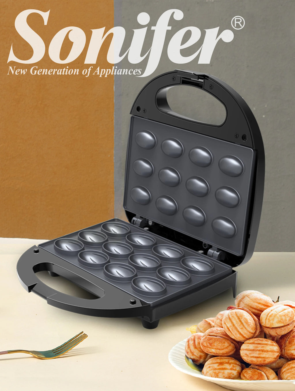 Sonifer 750W Electric Walnut Cake & Waffle Maker – Non-Stick Iron Pan, Breakfast Kitchen Appliance