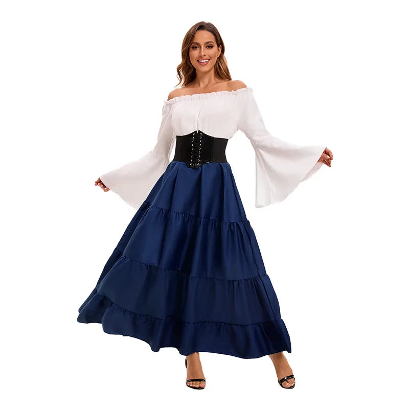 Medieval Renaissance Costume Dress — Off-Shoulder Victorian Queen Outfit with Waist Corset