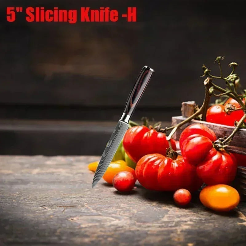 Damascus Kitchen Knife Set — Japanese Santoku, Cleaver, Slicing & Boning Knives