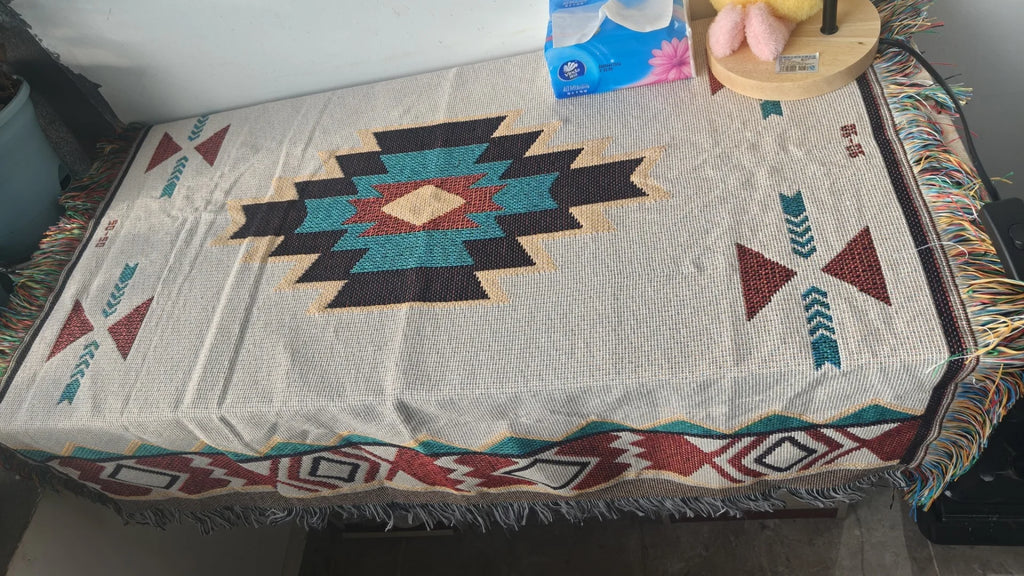 Aztec Oversized Boho Throw Blanket with Fringe — Southwestern Geometric Woven Tapestry for Couch, Bed & Decor
