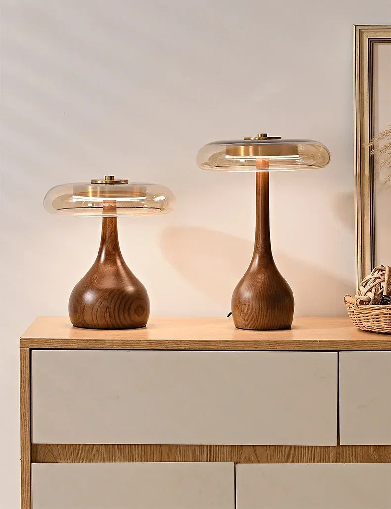 Retro Glass Table Lamp – Sculpted Wood-Look Base