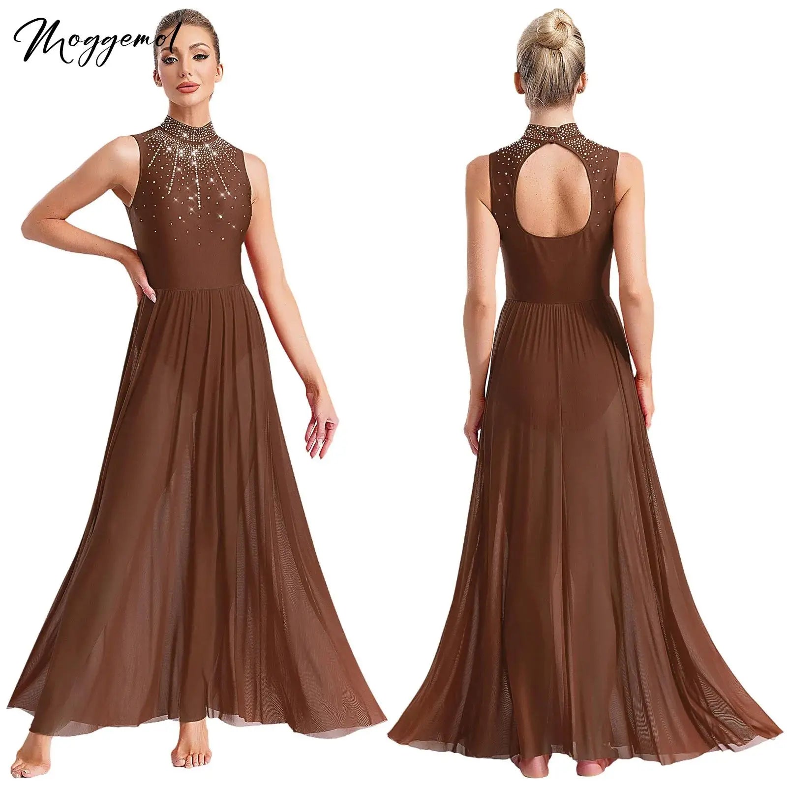 Rhinestone Maxi Sleeveless Contemporary Dance Dress — Mock Neck Wide Hemline Lyrical Leotard