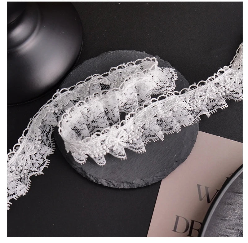 White Lace Ribbon Bow Trim — Embroidered Edge for Dresses, Bridal & DIY Crafts