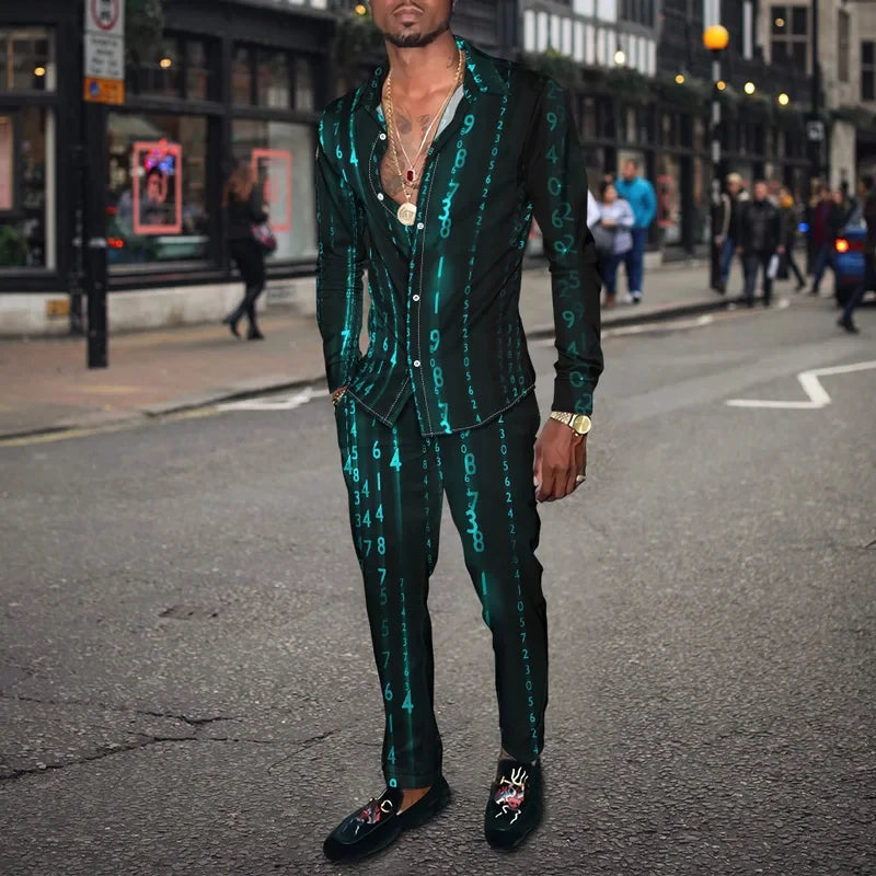 Men's 3D Retro Harajuku Print Long Sleeve Lapel Shirt & Long Pants 2-Piece Set