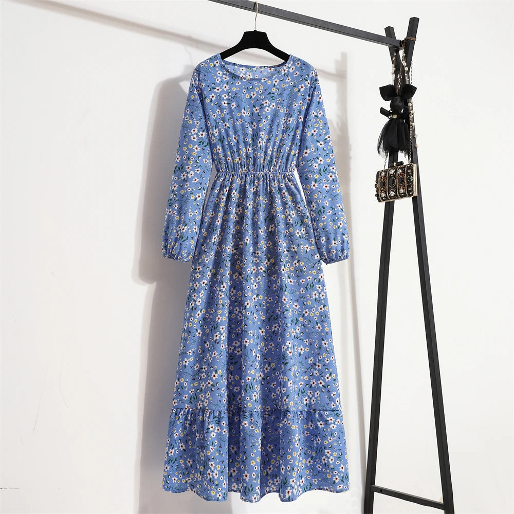 Women Long Dresses Spring Summer Casual Full Sleeve Floral geometry Printed O neck Woman Bohe Beach Party Dress Mujer Vestidos