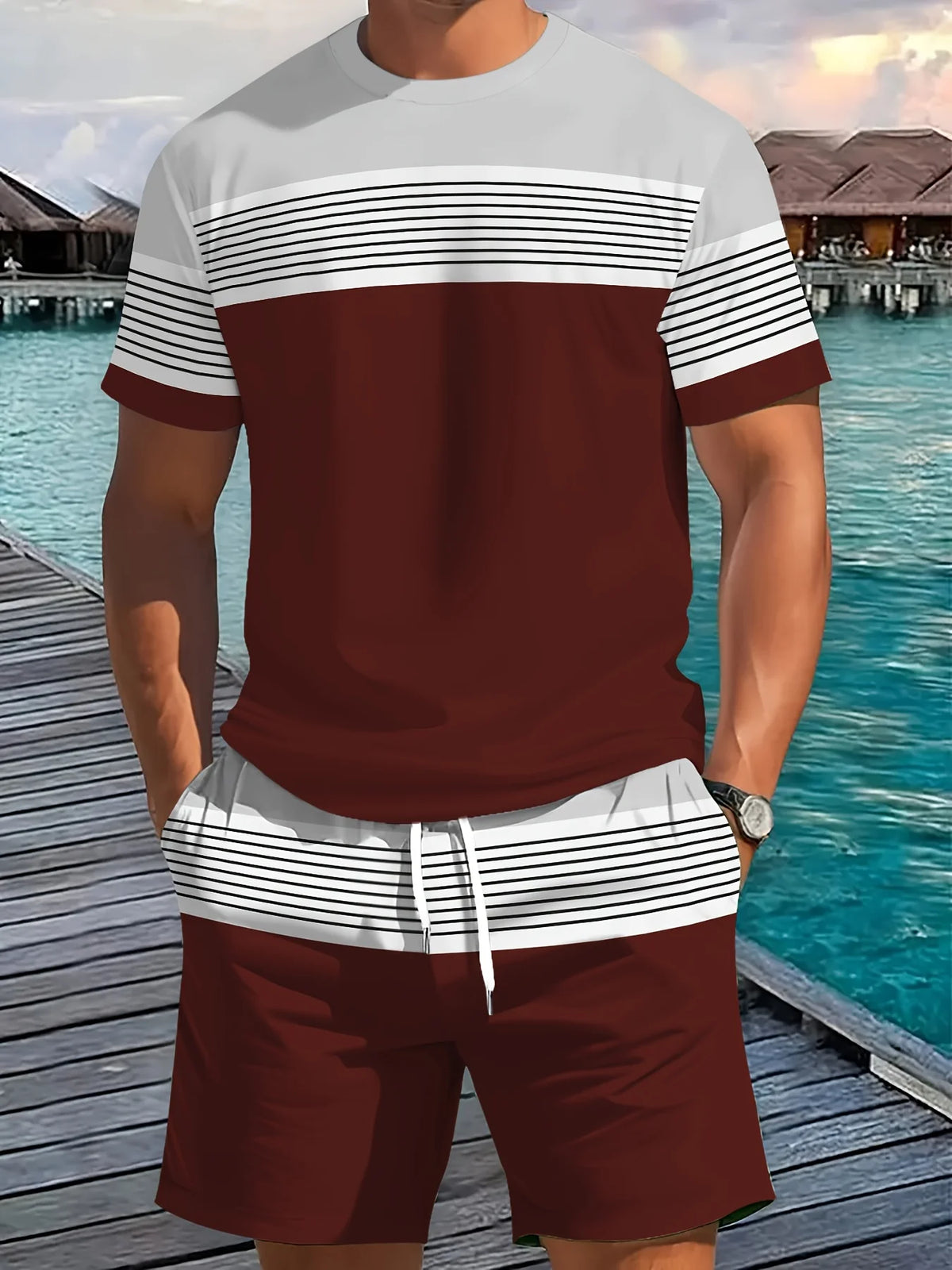 Men's Striped Short Sleeve T-Shirt & Drawstring Shorts Outdoor Travel Set