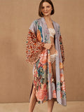 Peacock Print Beach Kimono Cover-Up — Self-Belted Wrap Dress Swimsuit Cover
