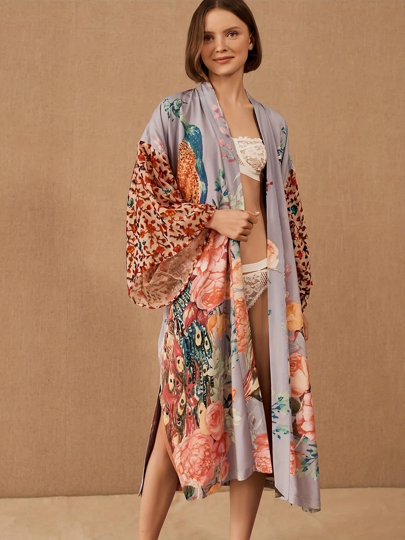 Peacock Print Beach Kimono Cover-Up — Self-Belted Wrap Dress Swimsuit Cover