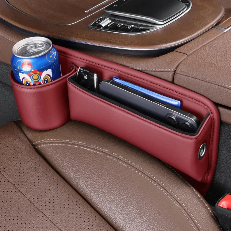 Car organizer with cup holder and compartments on a car seat