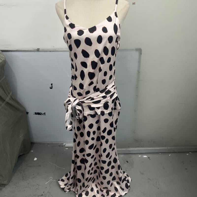 Women's V-Neck Lace-Up Polka Dot Mesh Dress – Flared Sleeve Slim Fit Casual Daily Dress