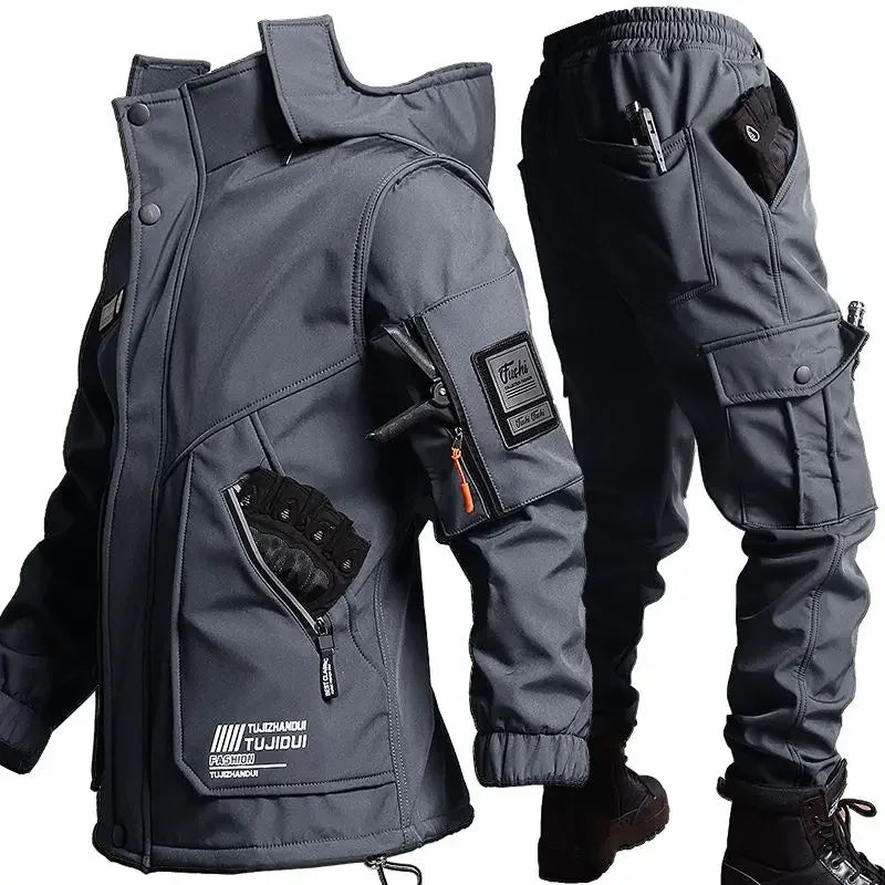 Men's Velvet Thickened Windproof Waterproof Outdoor Jacket & Pants Set – Warm Winter Work Suit