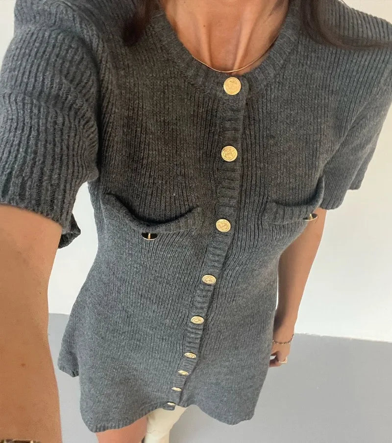 Elegant Knit Rib Mini Dress — High Waist Short Sleeve Bodycon Sweater Dress