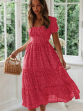 Women's Vintage Floral Puff Sleeve Maxi Beach Dress – Square Collar Casual Long Dress