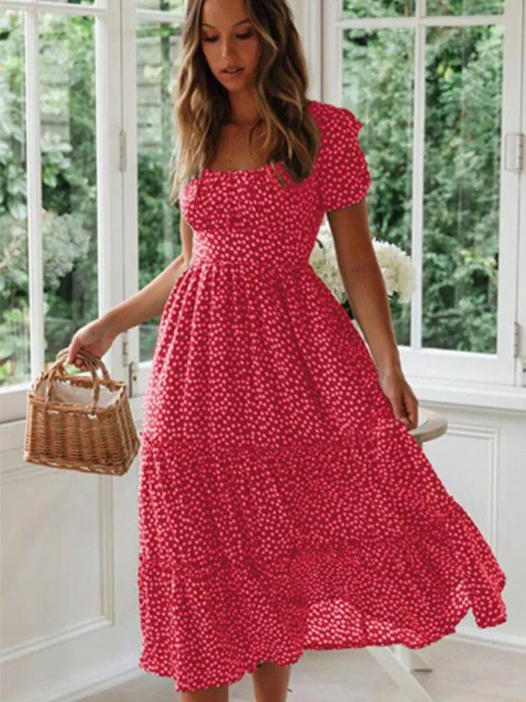 Women's Vintage Floral Puff Sleeve Maxi Beach Dress – Square Collar Casual Long Dress