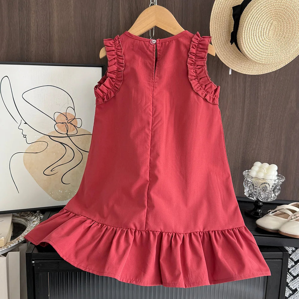 Korean Sleeveless Pleated Girls Dress — Solid Color Round Neck Summer Kids Dress