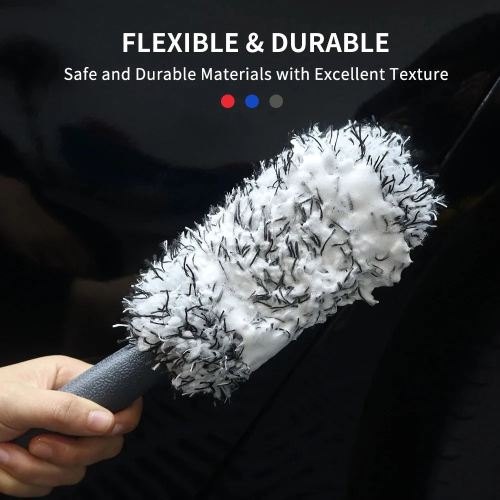 Plush Car Wheel & Rim Brush – Premium Non-Slip Handle for Cleaning Spokes, Barrels & Rims
