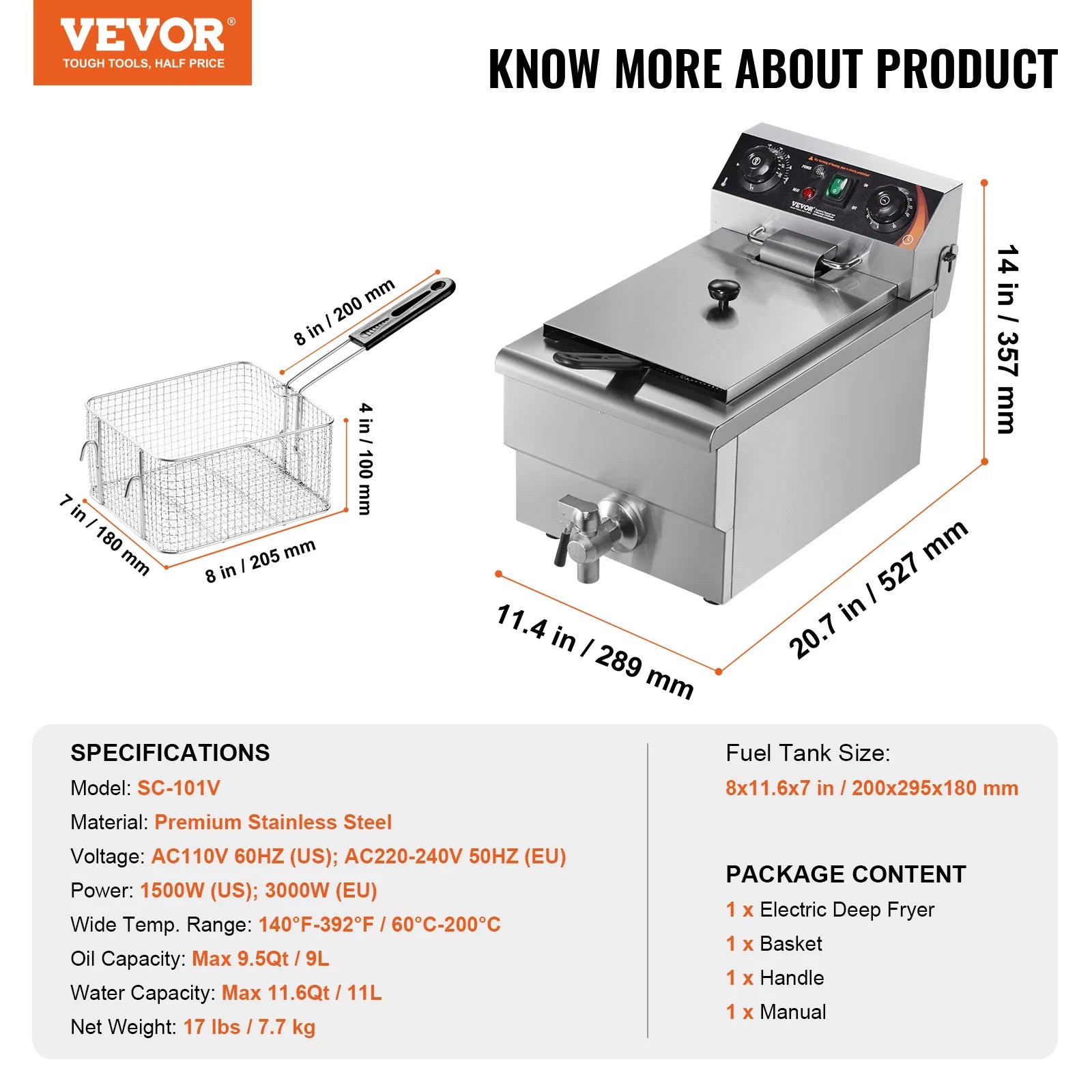SucceBuy Commercial Electric Deep Fryer — 9.5Qt Stainless Steel Countertop Fryer with Basket, Timer & Temp Control