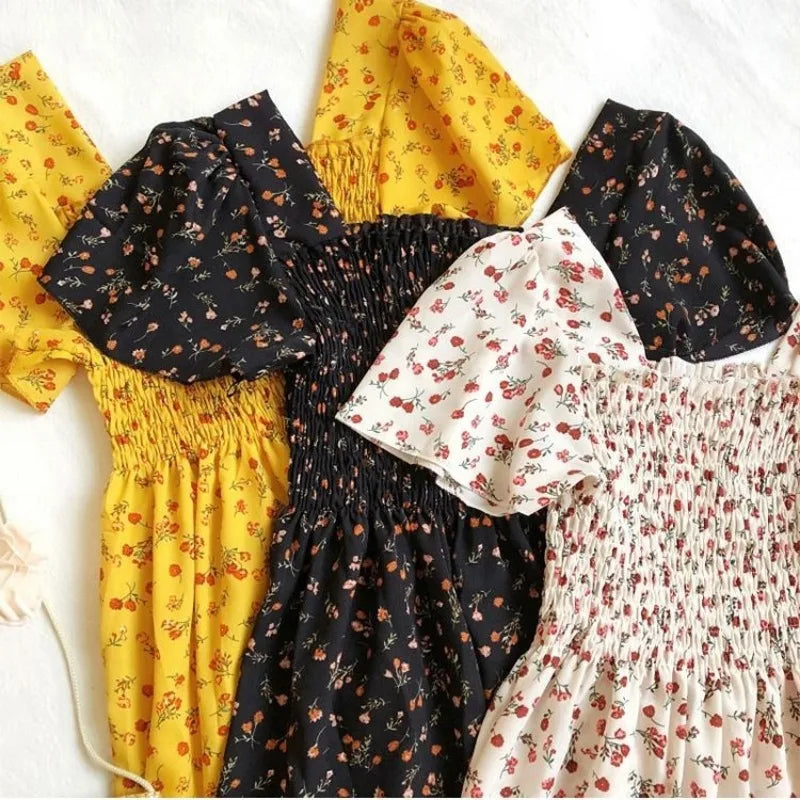 Women's Chiffon Floral Pleated Midi Dress – Short Sleeve Elastic Waist Backless Casual Dress