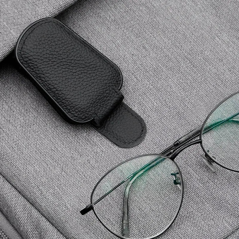 Black PU Leather Car Sunglasses Clip | Magnetic Sun Visor Storage Holder for Glasses & Cards