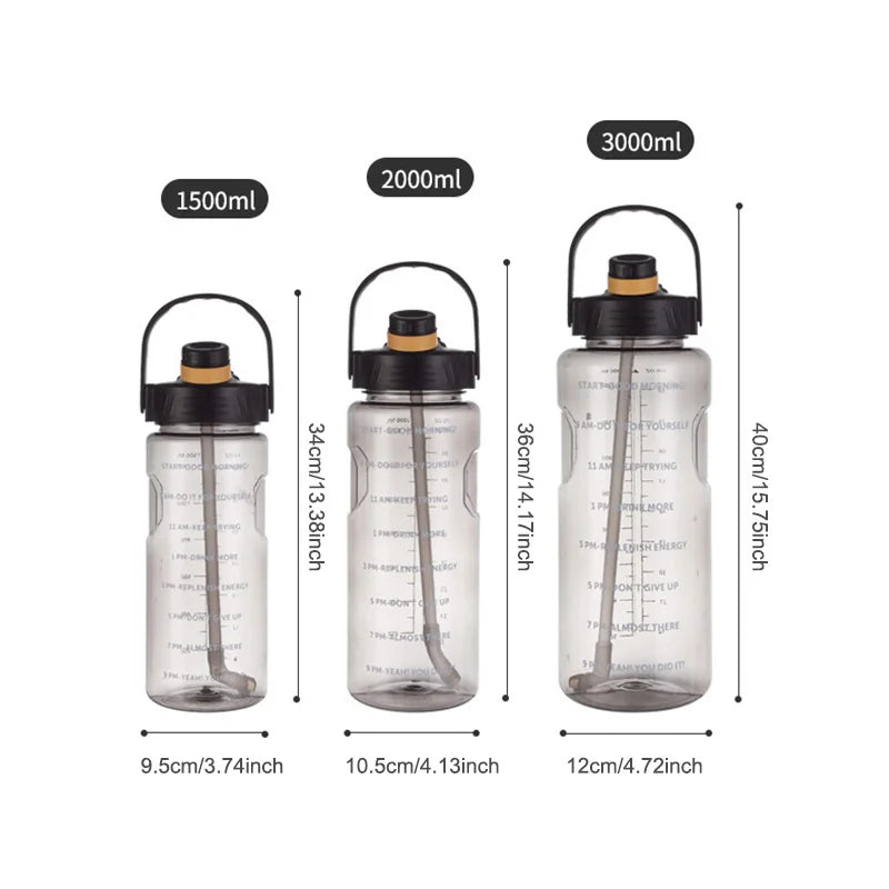 LUSQI 1.5L/2L/3L Large Capacity Motivational Water Bottle with Straw, Time Stamp & Carry Rope – BPA-Free, Leakproof