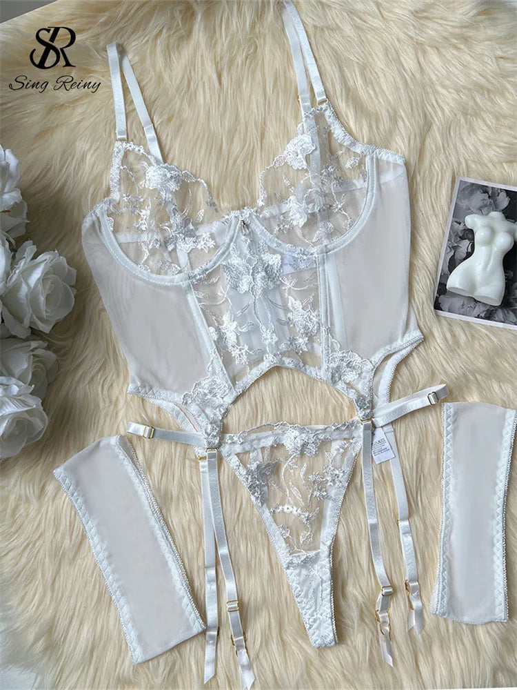 Sheer Embroidery Bra & Brief Set — Transparent Lace Underwear Suit