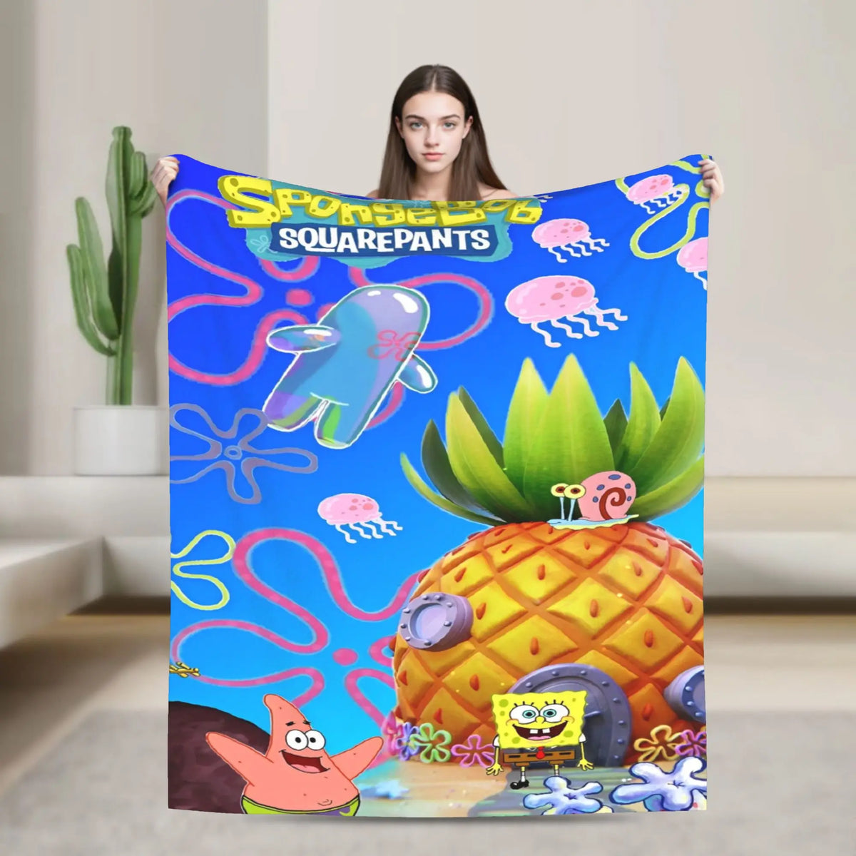 SpongeBob Flannel Throw Blanket – Soft Breathable Character Blanket for Bed, Lounge & Summer