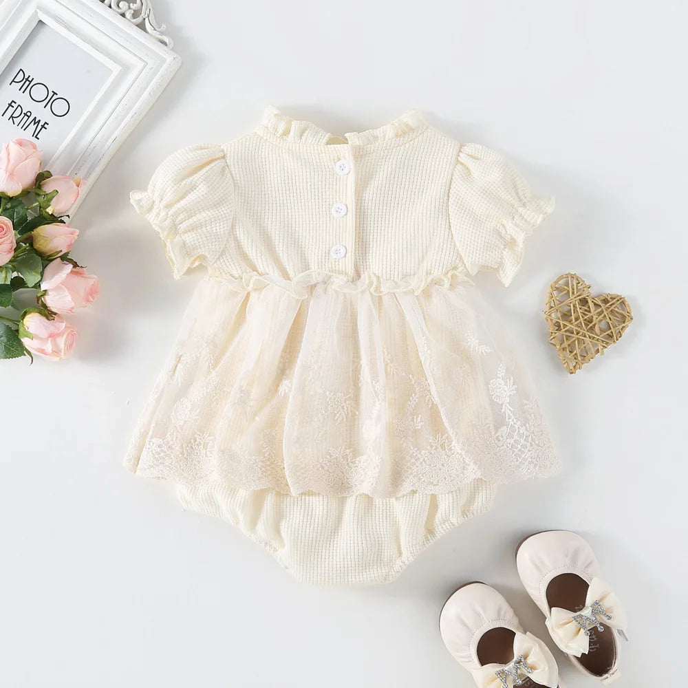 Baby Girl Tutu Skirt Bodysuit — Waffle Lace One-Piece Party Outfit for Toddlers