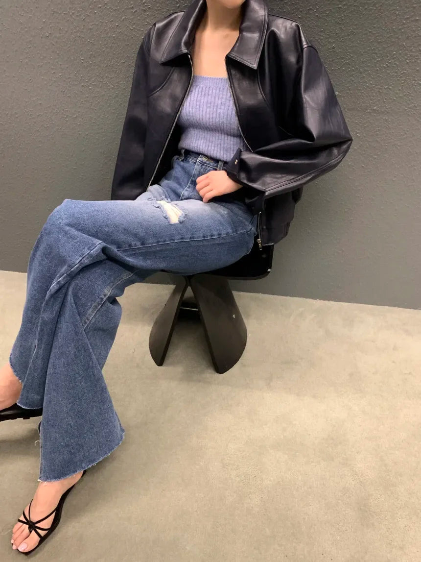 Women's Cropped Faux Leather Jacket – Lapel Zip Front