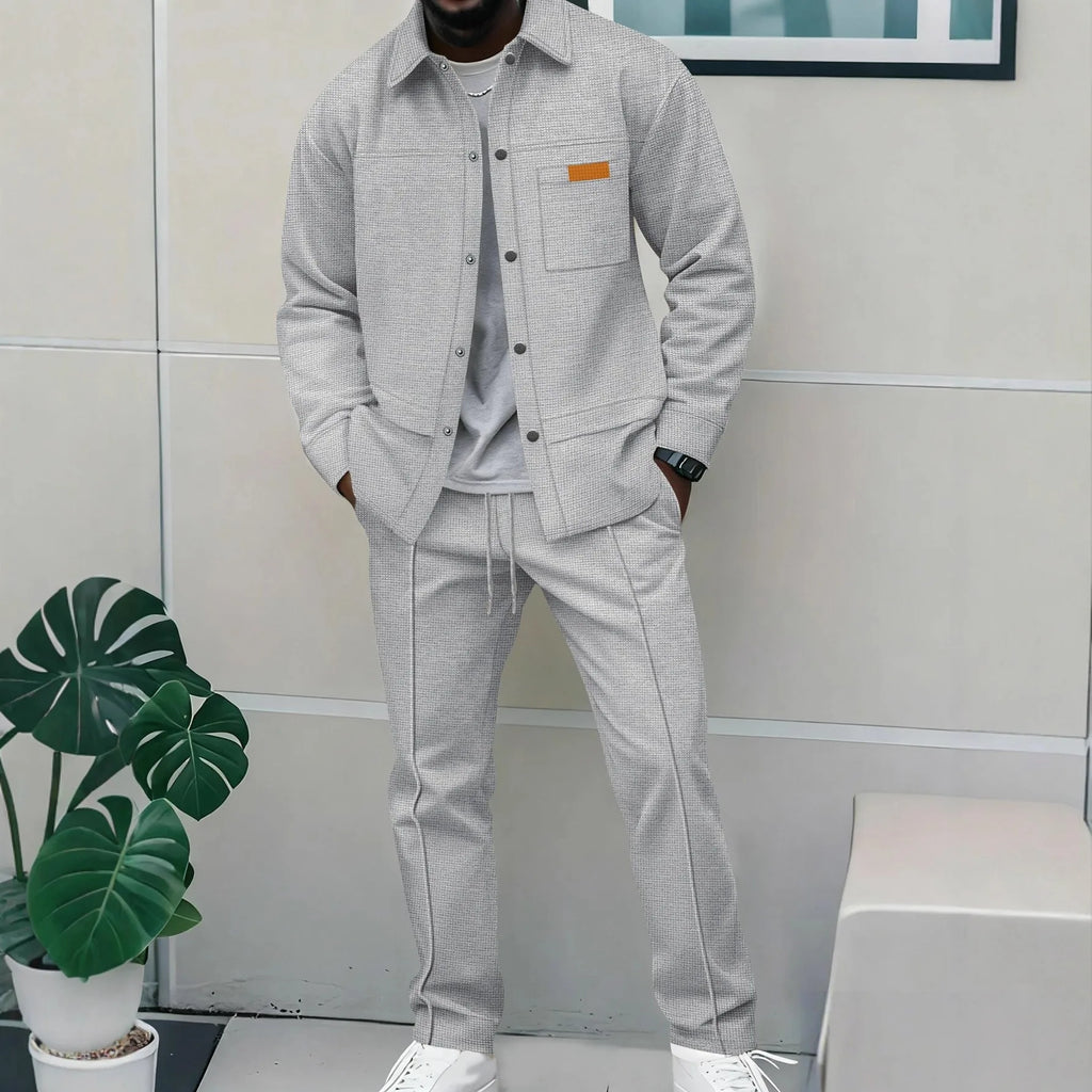 Men's Waffle Knit Button-Down Long Sleeve Jacket & Pants Set – Plain Color Casual Suit