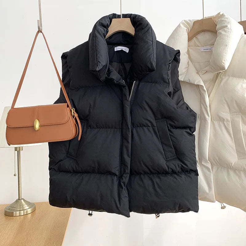 Women's Sleeveless Down Vest – Thick Zip-Up Adjustable Waist Winter Outerwear