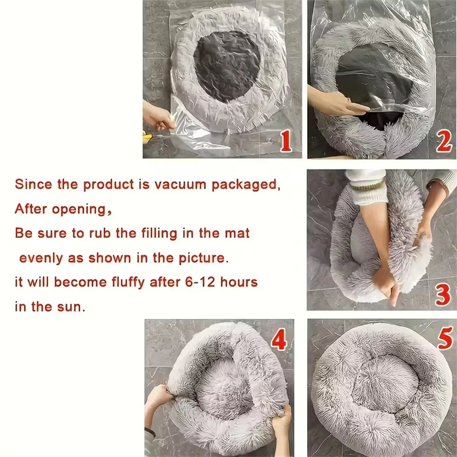 Plush Faux Fur Donut Pet Bed – Warm Calming Round Bed for Small & Medium Dogs & Cats