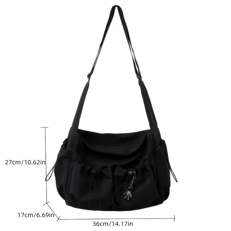 Fashionable Drawstring Crossbody Bag – Spacious Zipper Closure Shoulder Bag with Bag Charm