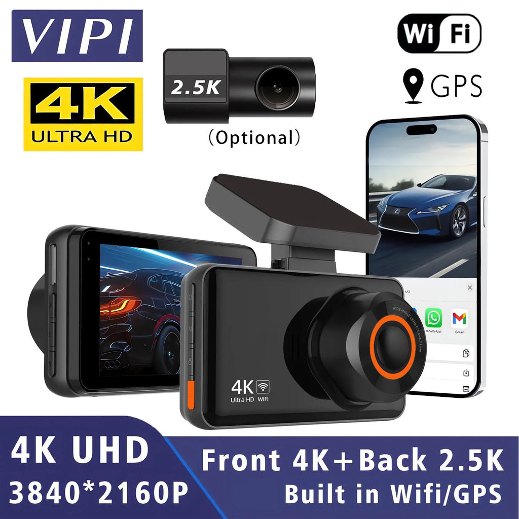 UHD 4K+2.5K Dual Lens Dash Cam – WiFi, GPS, WDR Night Vision, Mini Car DVR Black Box