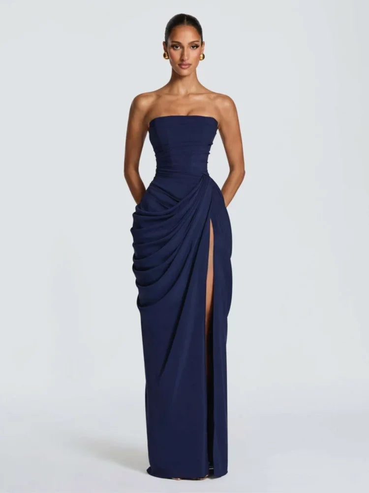 Sexy Strapless Pleated Maxi Dress – Off-Shoulder Backless High Waist Split Evening Party Gown