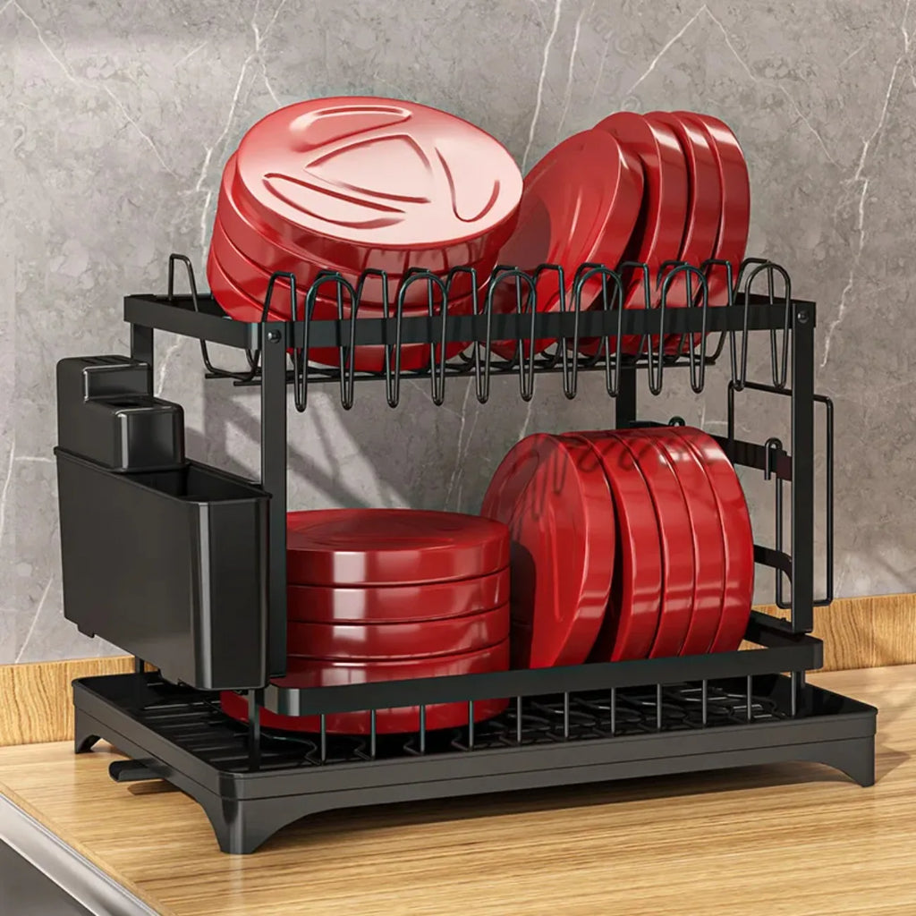 2-Tier 360° Rotating Dish Drying Rack — No-Drill Metal Kitchen Organizer with Utensil Holder & Drainboard