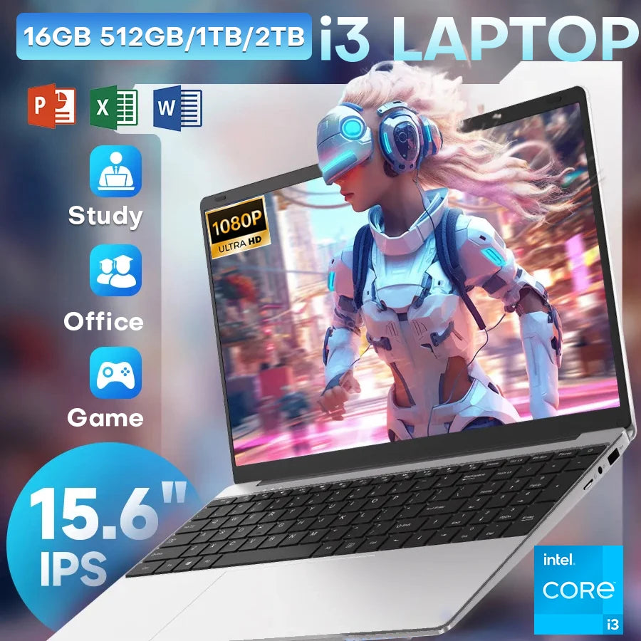 15.6" Ultra Slim Laptop – Intel Core i3-6100U, 16GB RAM, Up to 2TB SSD, Windows 11 Pro