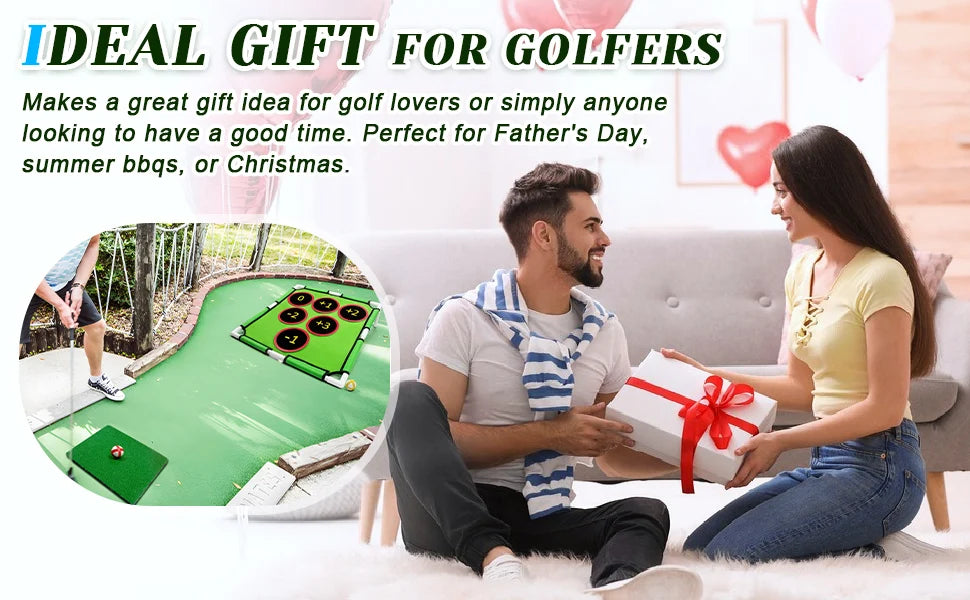 A promotional graphic for a mini golf set, featuring a couple sitting on a couch and receiving a gift box, with an inset circular photo of a person playing on a mini golf course. Large text at the top reads 'IDEAL GIFT FOR GOLFERS' with descriptive copy below.