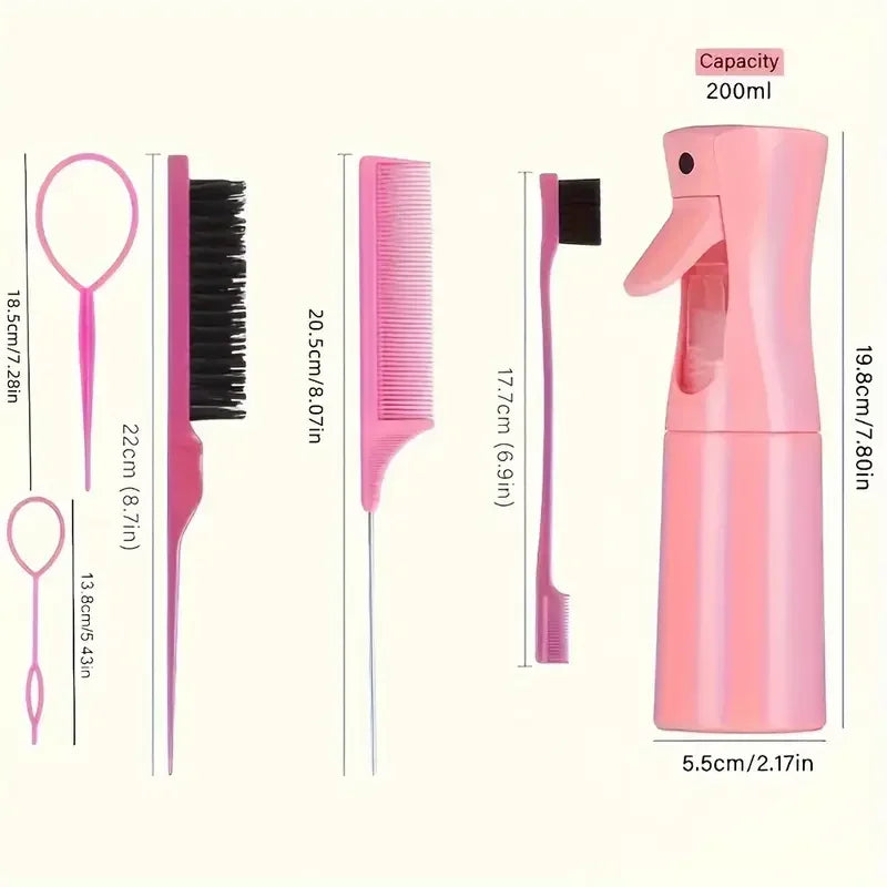 6-Piece Hair Brush Set – Spray Bottle, Braiding Loop, Rat Tail Comb & Edge Control Brush