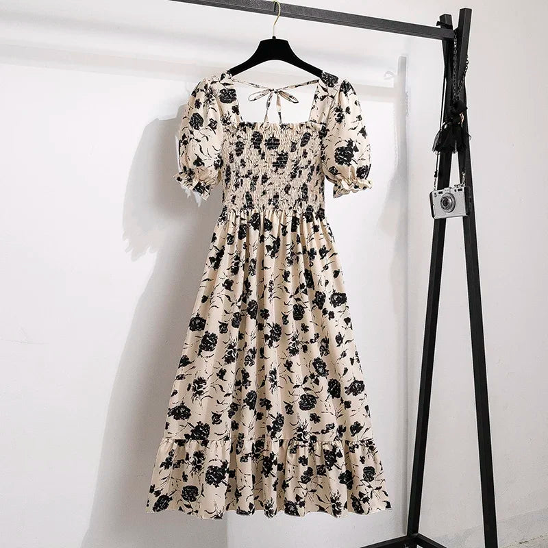 Chiffon A-Line Midi Dress — Elastic Waist Short Sleeve Casual Dress