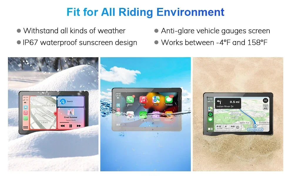 5"/7" Motorcycle CarPlay Screen – Wireless CarPlay & Android Auto, GPS Navigation, Dual Bluetooth, IPX7