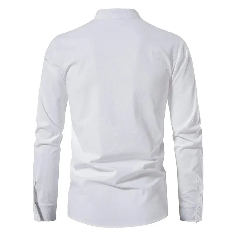 Men's Cotton Linen Drawstring Long Sleeve Shirt — Vintage Casual US Size Top