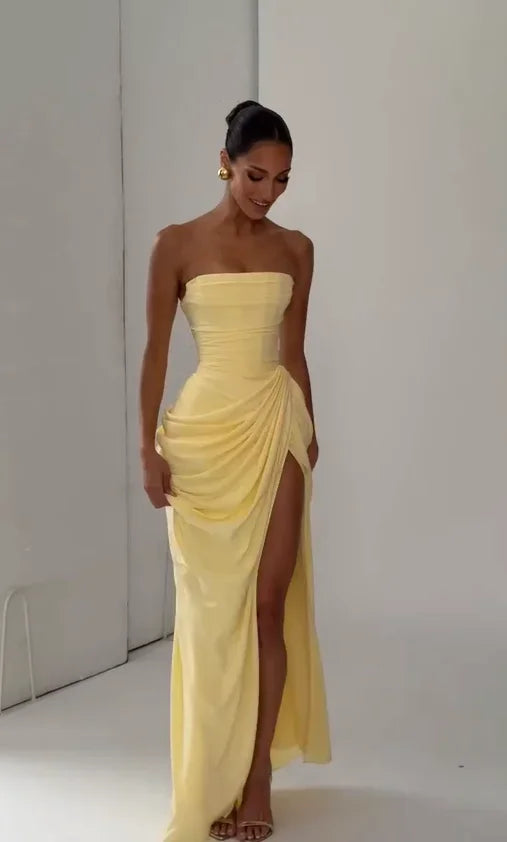 Sexy Strapless Pleated Maxi Dress – Off-Shoulder Backless High Waist Split Evening Party Gown